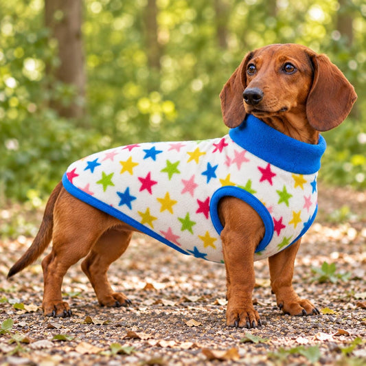 Handmade Rainbow Star Fleece Jumper For Sausage Dog, Warm Dachshund Coat, Small to Large Dog Clothing