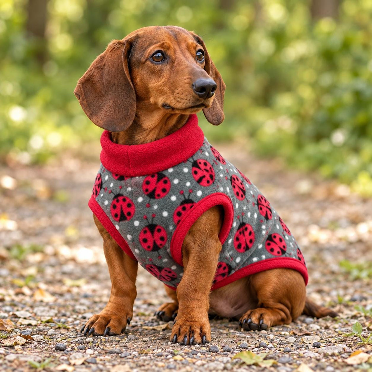 Ladybird Fleece Dog Jumper | Grey Polka Dot Sweater for Dachshunds & Small Dogs | Cute Ladybug Print Pet Pullover | Sausage Dog Clothes