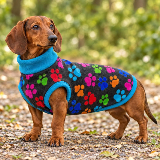 Sausage Dog Fleece Sweater | Dachshund Paw Print Jumper | Warm Dog Coat | Soft Winter Pet Clothing | Small Dog Pullover