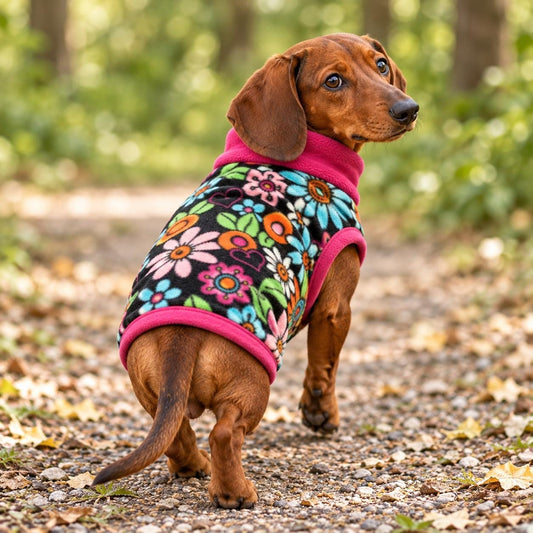 Handmade Colourful Floral Fleece Dog Jumper Pet Coat Jumper For Sausage Dog, Warm Dachshund Coat, Small to Large Dog Clothing
