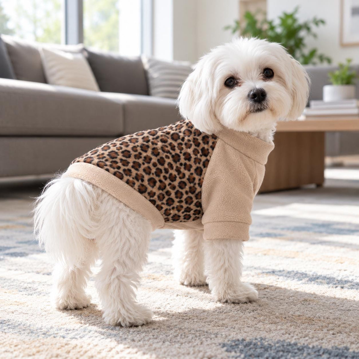 Leopard Print Raglan Dog Jumper, Fleece Dog Sweater with Sleeves, XS to 3XL, Small Medium Large Dog Clothes, Cosy Pet Gift