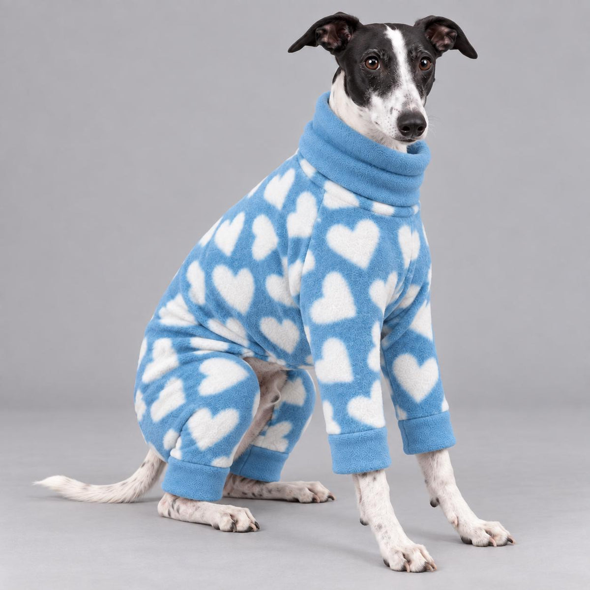 Whippet Fleece Jumpsuit Heart Print Dog Pyjamas, Warm Onesie for Sighthounds, Greyhound Italian Whippet Winter Suit, Soft Dog Romper
