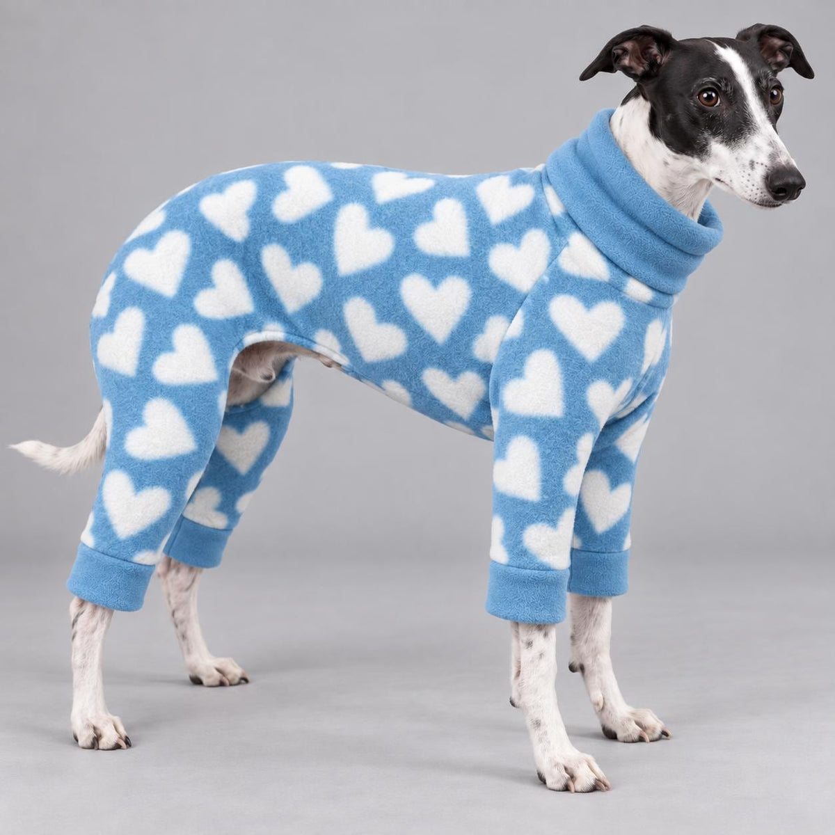 Whippet Fleece Jumpsuit Heart Print Dog Pyjamas, Warm Onesie for Sighthounds, Greyhound Italian Whippet Winter Suit, Soft Dog Romper
