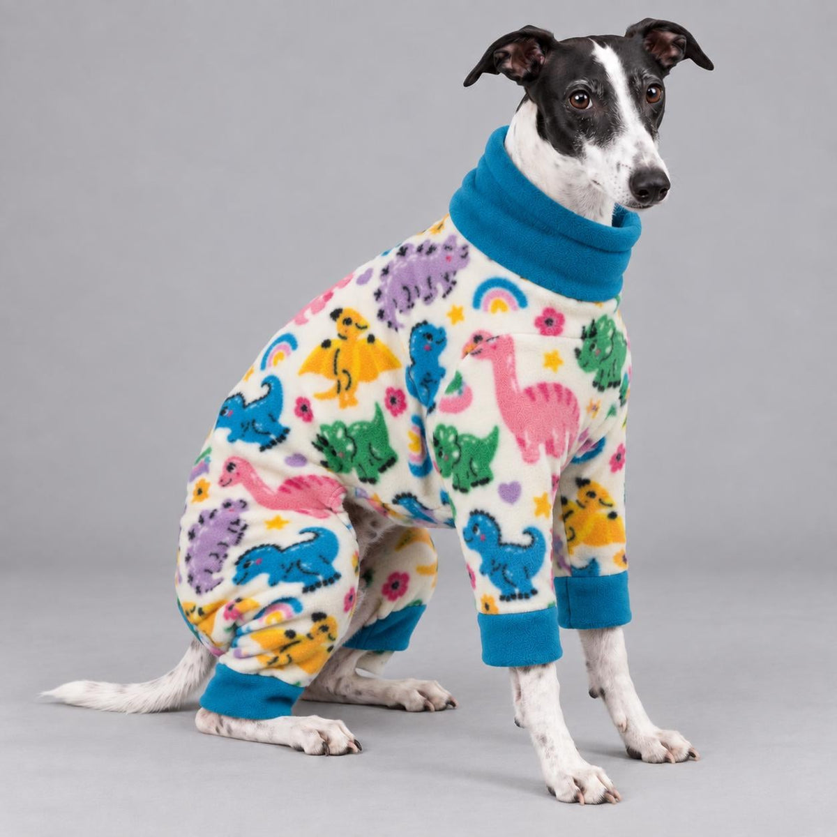 Whippet Fleece Jumpsuit dinosaur Print Dog Pyjamas, Warm Onesie for Sighthounds, Greyhound Italian Whippet Winter Suit, Soft Dog Romper