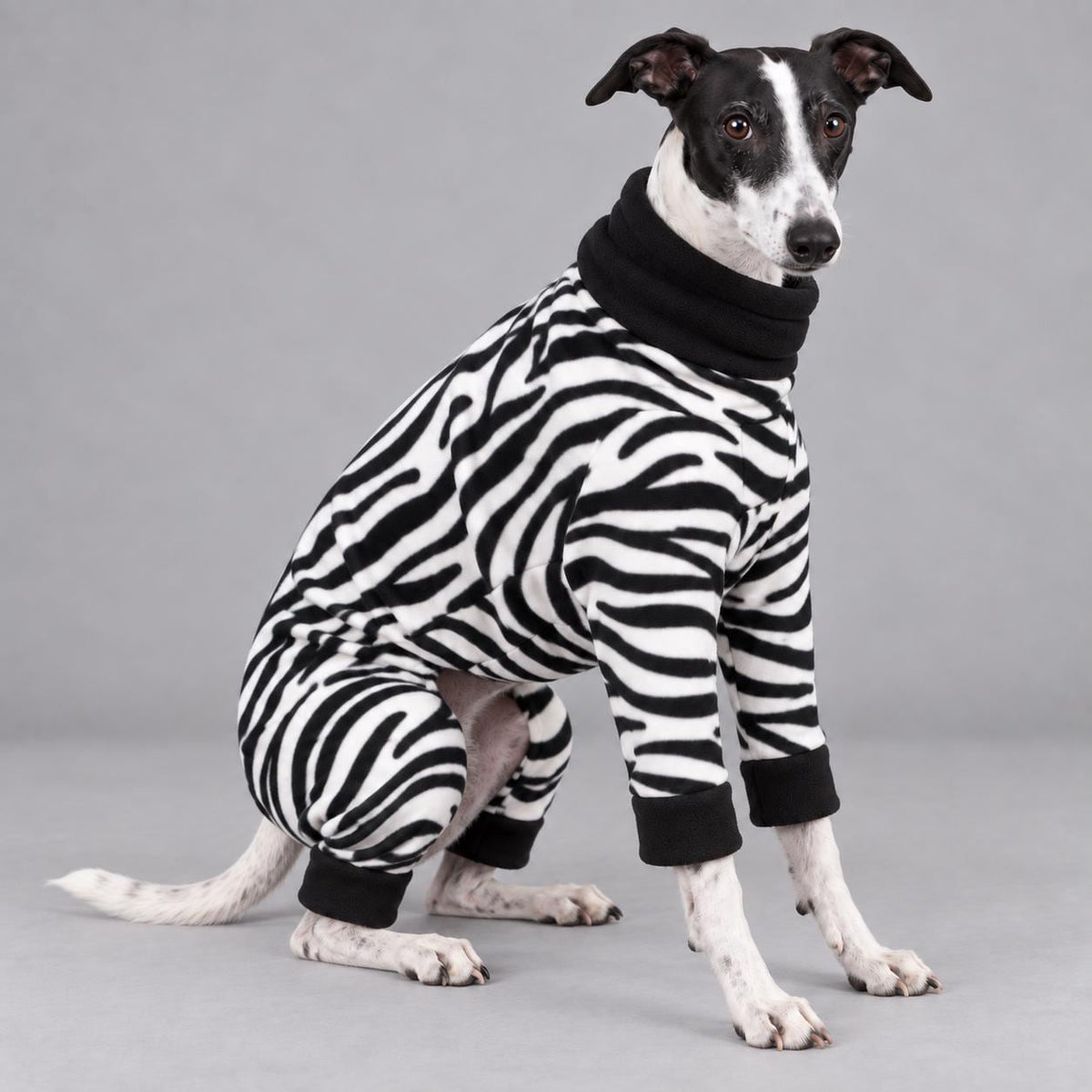 Whippet Fleece Jumpsuit Zebra Print Dog Pyjamas, Warm Onesie for Sighthounds, Greyhound Italian Whippet Winter Suit, Soft Dog Romper