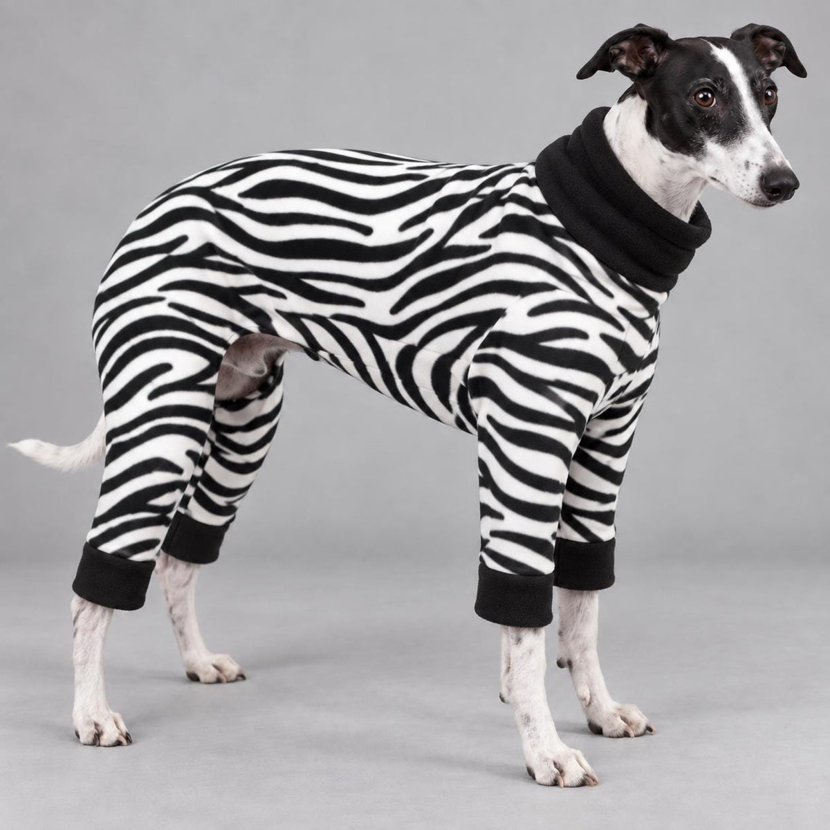 Whippet Fleece Jumpsuit Zebra Print Dog Pyjamas, Warm Onesie for Sighthounds, Greyhound Italian Whippet Winter Suit, Soft Dog Romper