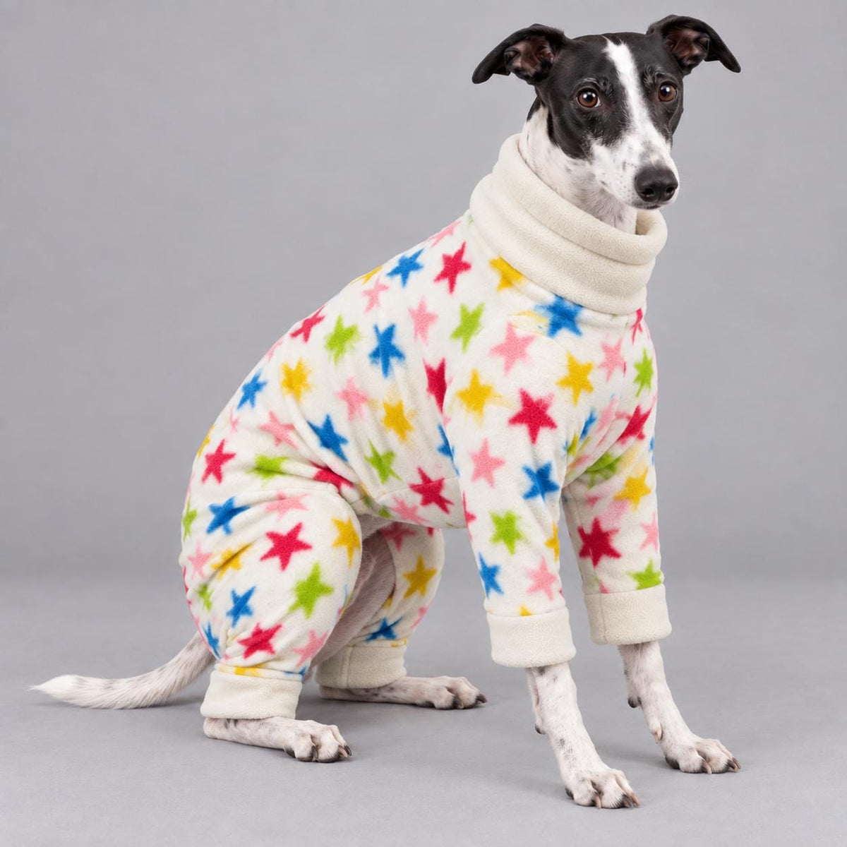 Whippet Fleece Jumpsuit Stars Print Dog Pyjamas, Warm Onesie for Sighthounds, Greyhound Italian Whippet Winter Suit, Soft Dog Romper