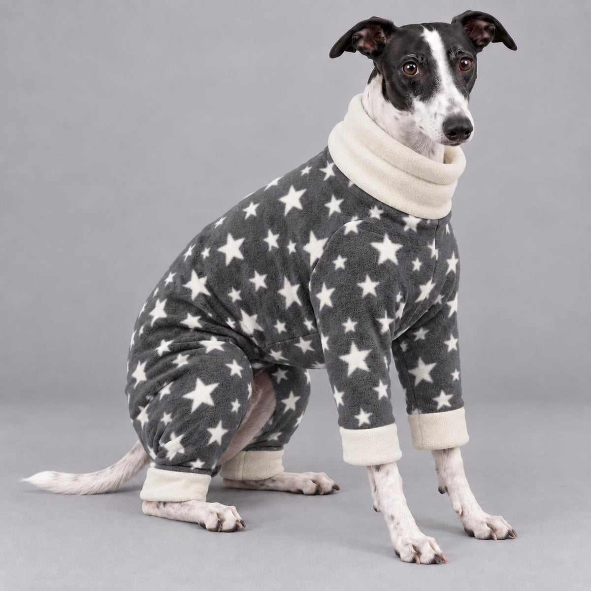 Whippet Fleece Jumpsuit Stars Print Dog Pyjamas, Warm Onesie for Sighthounds, Greyhound Italian Whippet Winter Suit, Soft Dog Romper