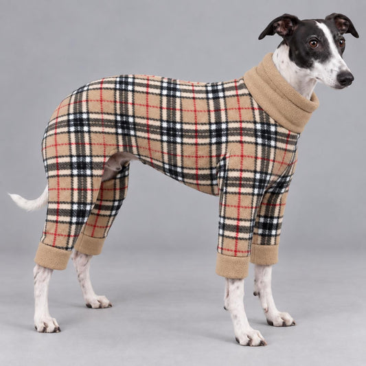 Whippet Fleece Jumpsuit Camel Checks Print Dog Pyjamas, Warm Onesie for Sighthounds, Greyhound Italian Whippet Winter Suit, Soft Dog Romper