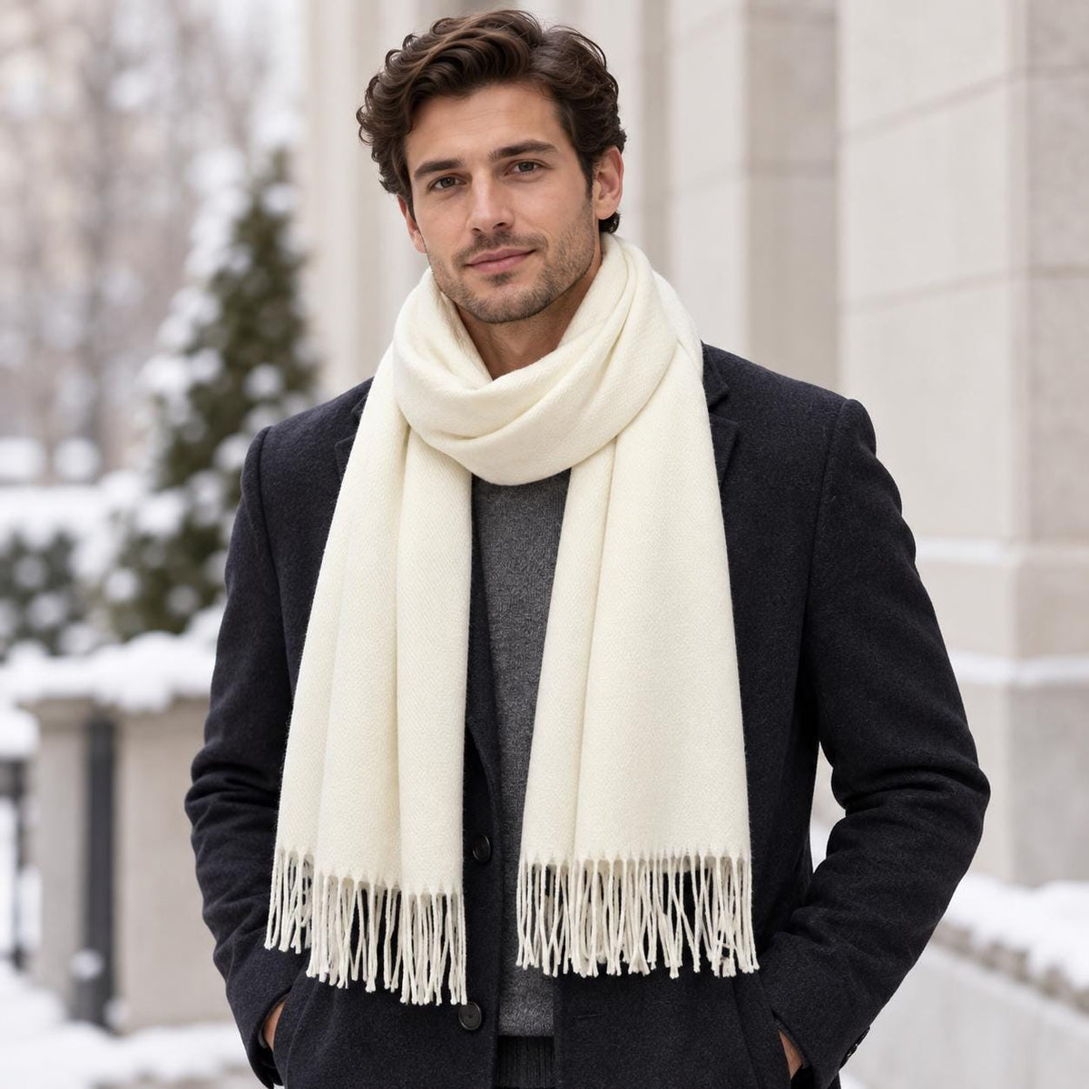 Men's Cashmere Feel Scarf, Soft Winter Wool Scarf with Fringe, Classic Solid Colour Scarf for Men, Gift for Him, Warm Fall Winter Accessory