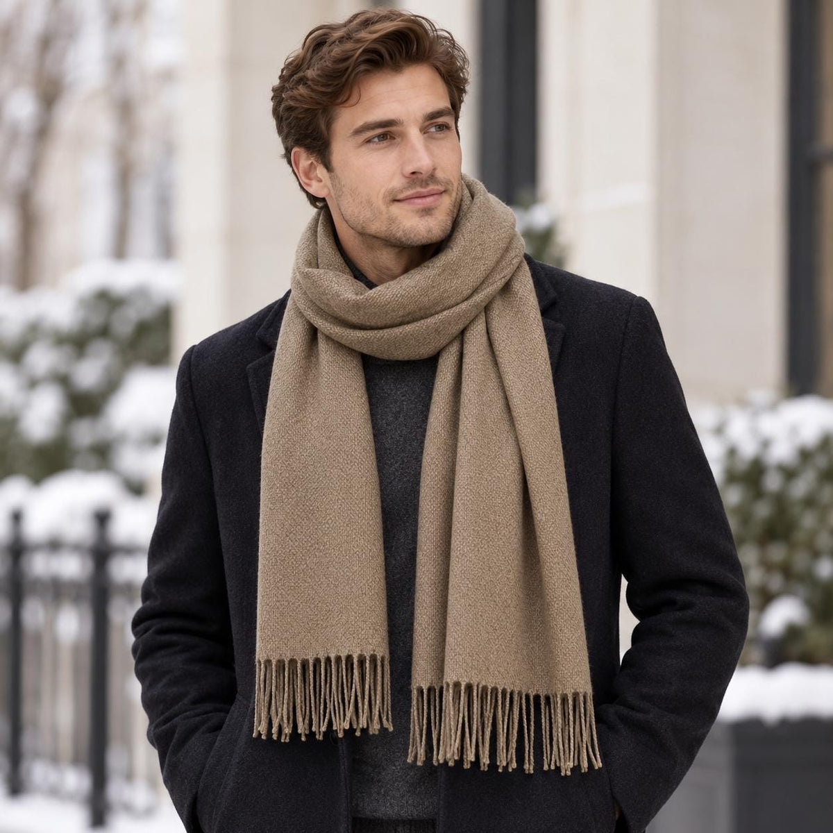 Men's Cashmere Feel Scarf, Soft Winter Wool Scarf with Fringe, Classic Solid Colour Scarf for Men, Gift for Him, Warm Fall Winter Accessory