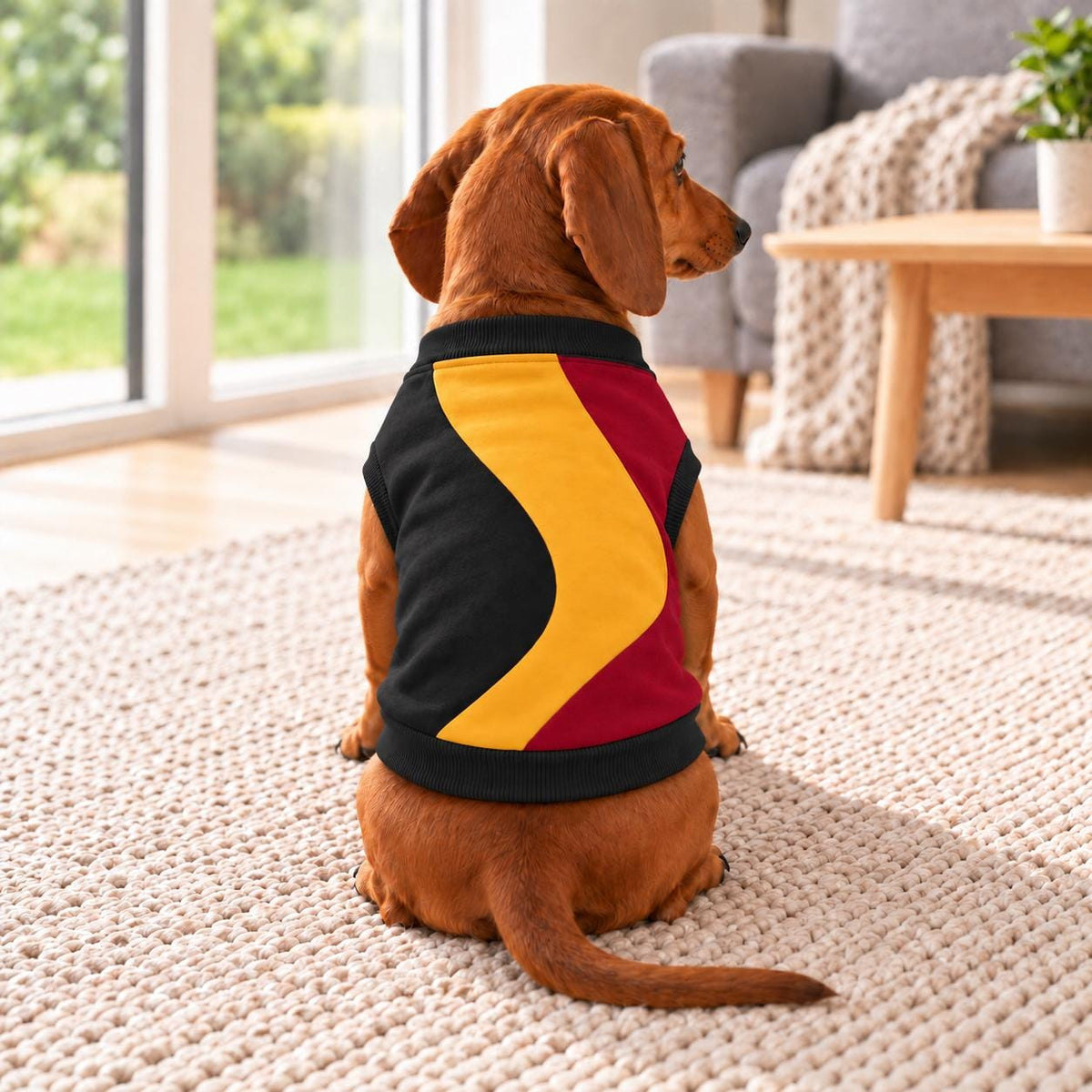 Colour Block Dachshund Sweatshirt | Burgundy, Mustard & Black Dog Jumper | Handmade Sausage Dog Clothing