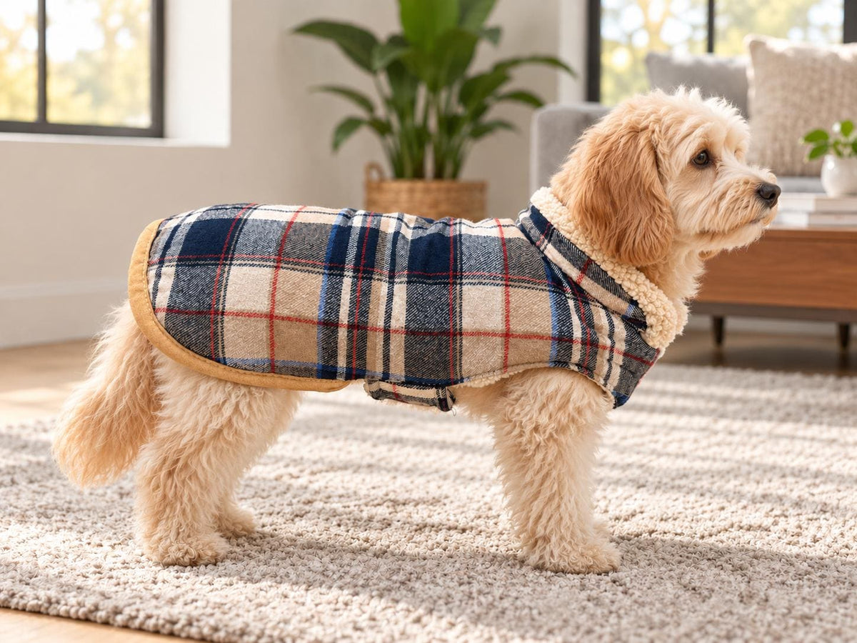 Handmade Tartan Dog Coat with Sherpa Fleece Lining, Adjustable Velcro Fastening, Cosy Winter Dog Jacket