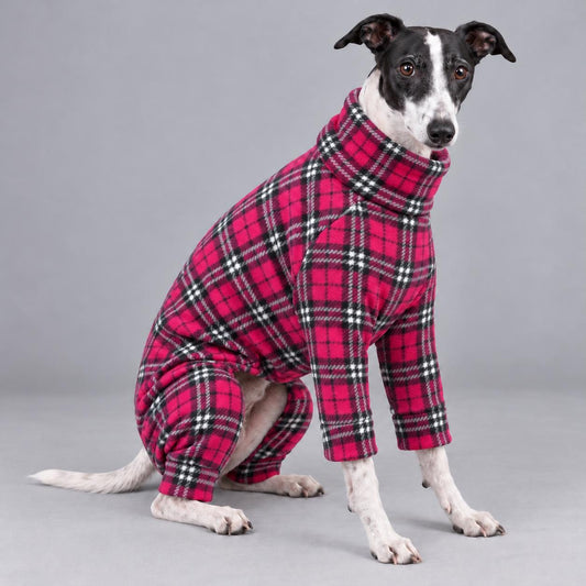 Whippet Fleece Jumpsuit Checks Print Dog Pyjamas, Warm Onesie for Sighthounds Whippet Winter Suit, Soft Dog Romper