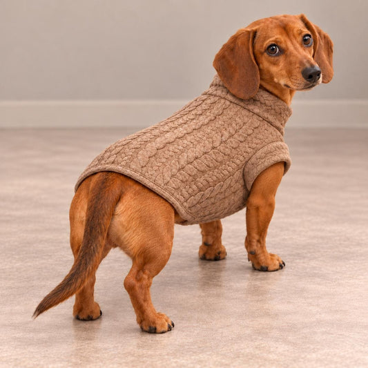 Dachshund Jumper, Cable Knit Dog Sweater with Roll Neck, Taupe Sausage Dog Clothes, Warm Winter Pet Clothing for Long Body Dogs