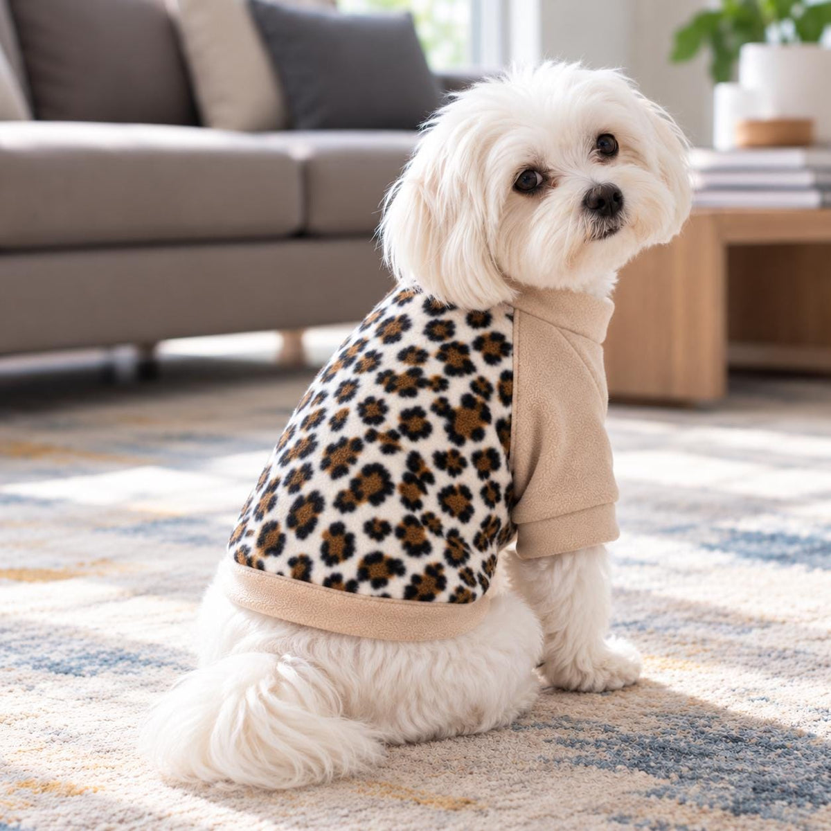 Leopard Print Raglan Dog Jumper, Fleece Dog Sweater with Sleeves, XS to 3XL, Small Medium Large Dog Clothes, Cosy Pet Gift
