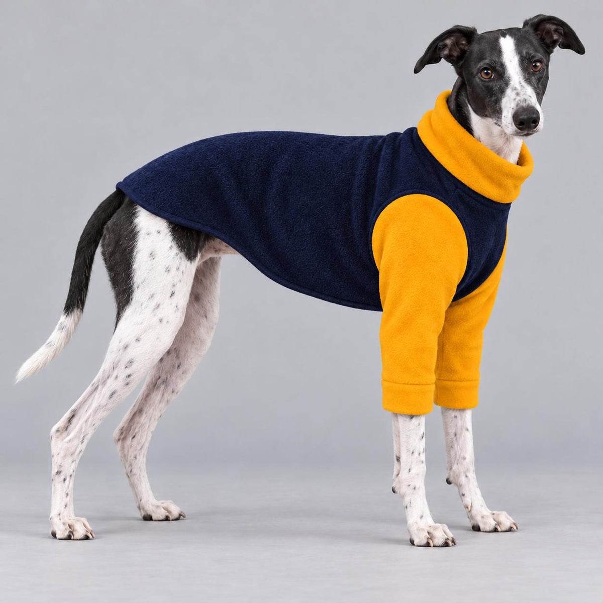 Whippet Fleece Jumper with Sleeves, Turtle Neck Dog Coat, Warm Winter Pyjamas for Sighthounds Greyhound Clothes Navy/Yellow