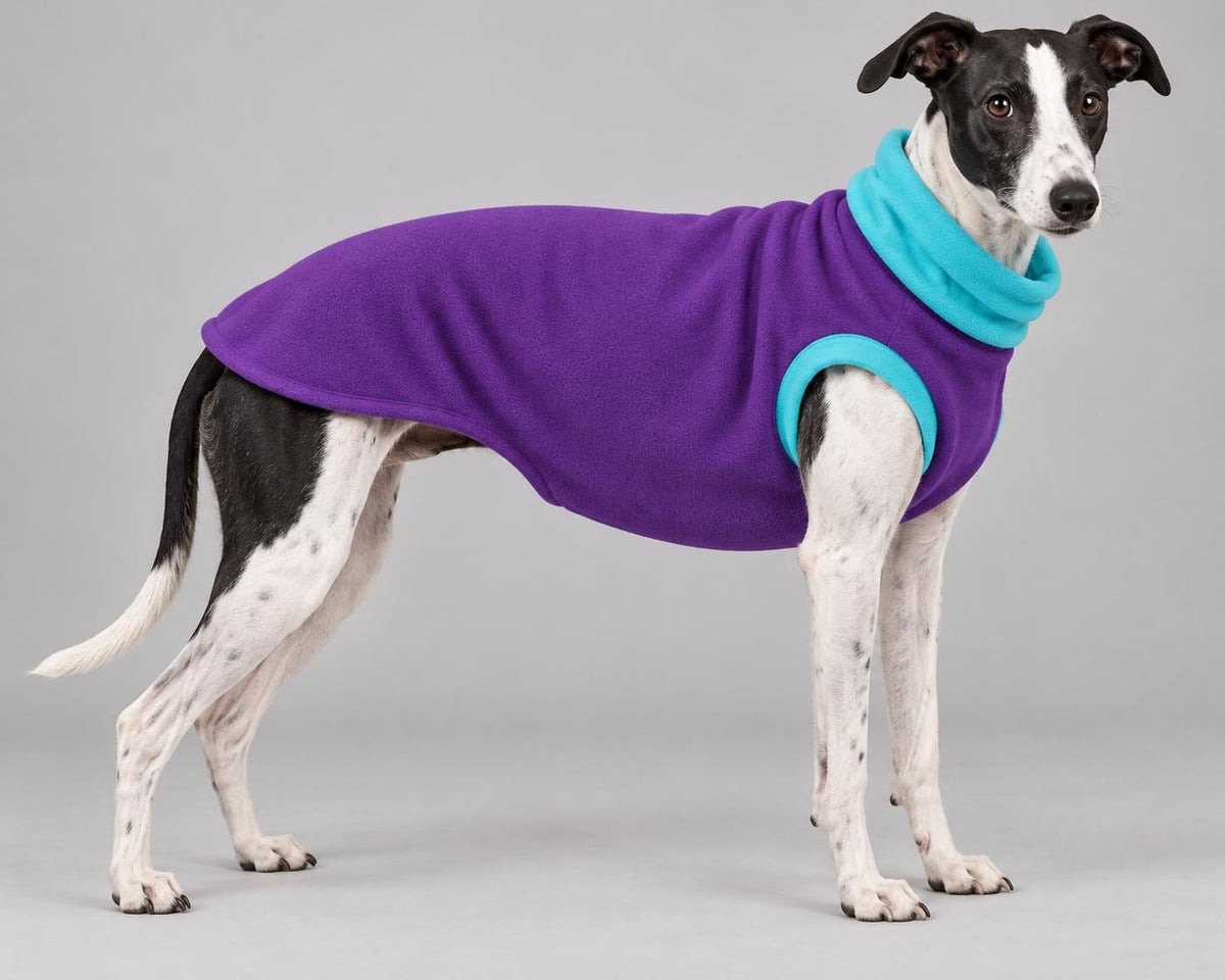 Whippet Fleece Jumper, Sleeveless Dog Coat with Turtle Neck, Two Tone Anti Pill Fleece, Handmade Dog Clothing