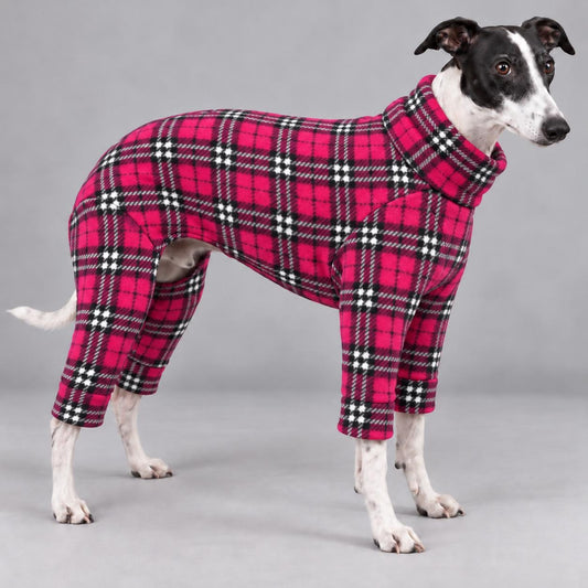 Whippet Fleece Jumpsuit Checks Print Dog Pyjamas, Warm Onesie for Sighthounds Whippet Winter Suit, Soft Dog Romper
