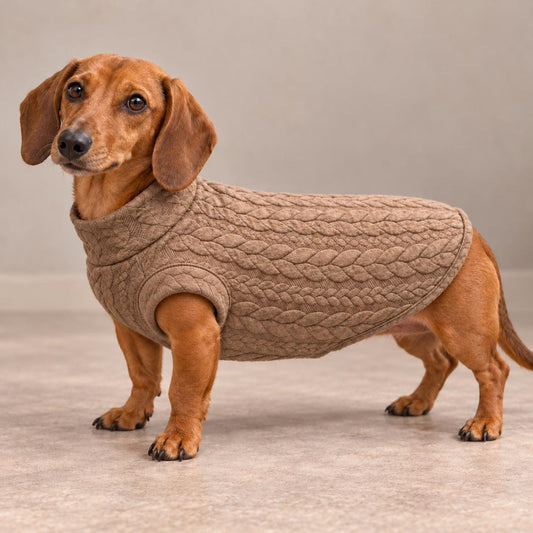Dachshund Jumper, Cable Knit Dog Sweater with Roll Neck, Taupe Sausage Dog Clothes, Warm Winter Pet Clothing for Long Body Dogs
