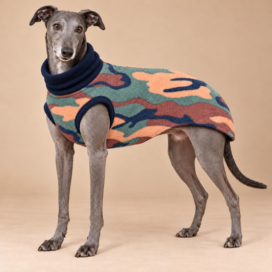 English Greyhound Camouflage Fleece Jumper, Turtle Neck Dog Pyjamas, Greyhound Winter Top, Soft Fleece Greyhound Clothes