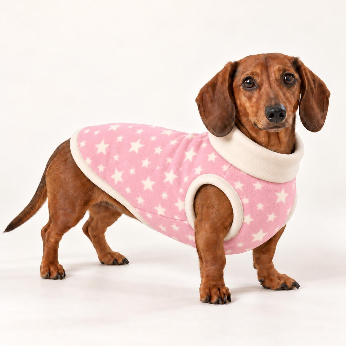 Handmade Two Tone Star Fleece Jumper For Sausage Dog, Warm Dachshund Coat, Small to Large Dog Clothing