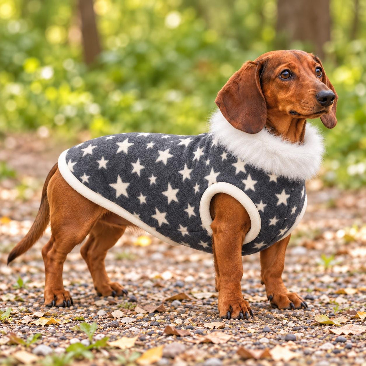 Handmade Two Tone Star Fleece Jumper And Fluffy White Collar. For Sausage Dog, Warm Dachshund Coat, Small to Large Dog Clothing