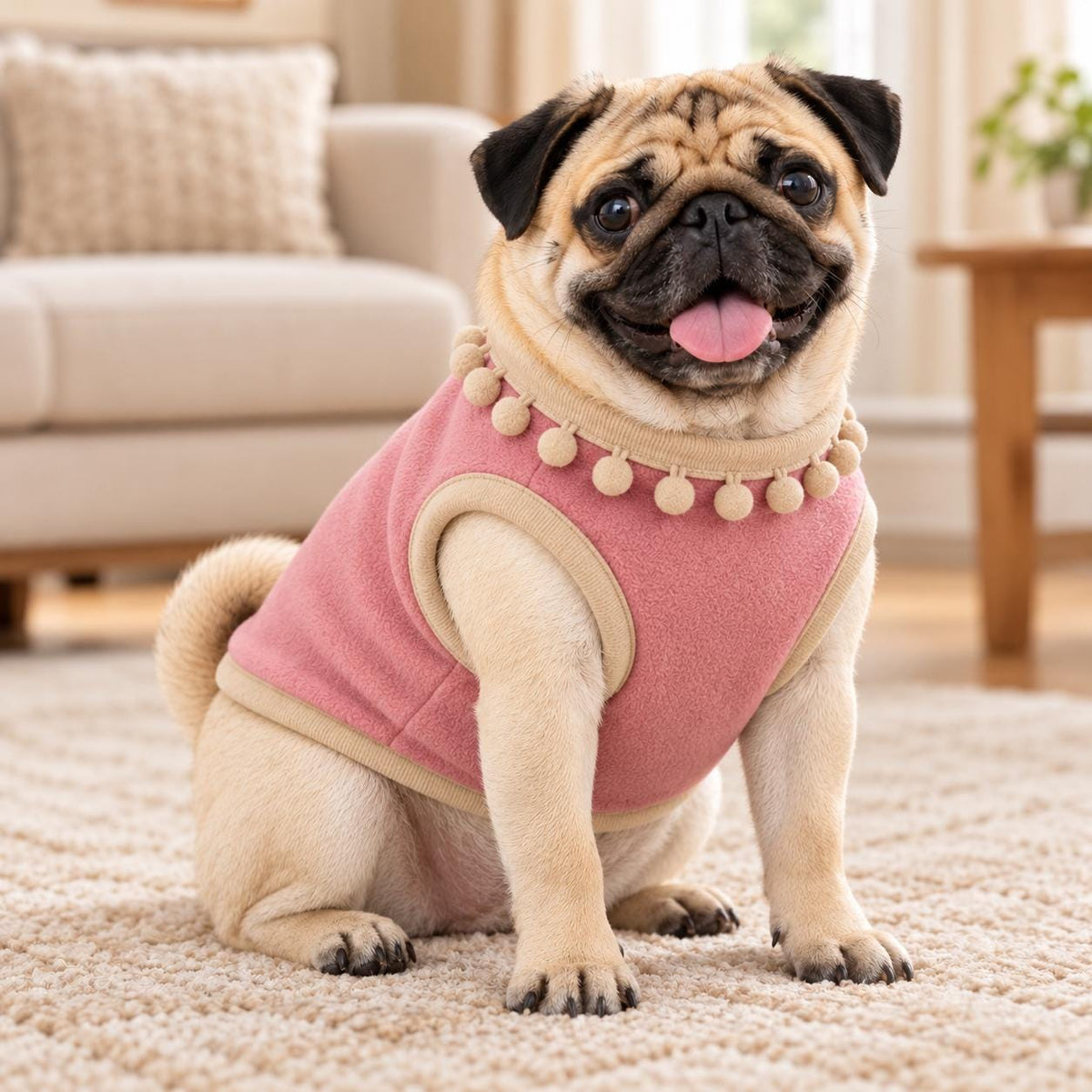 Dog Fleece Vest with Pom Pom Trim | Cosy Winter Dog Sweater for Pugs, Frenchie's Warm Dog Jumper