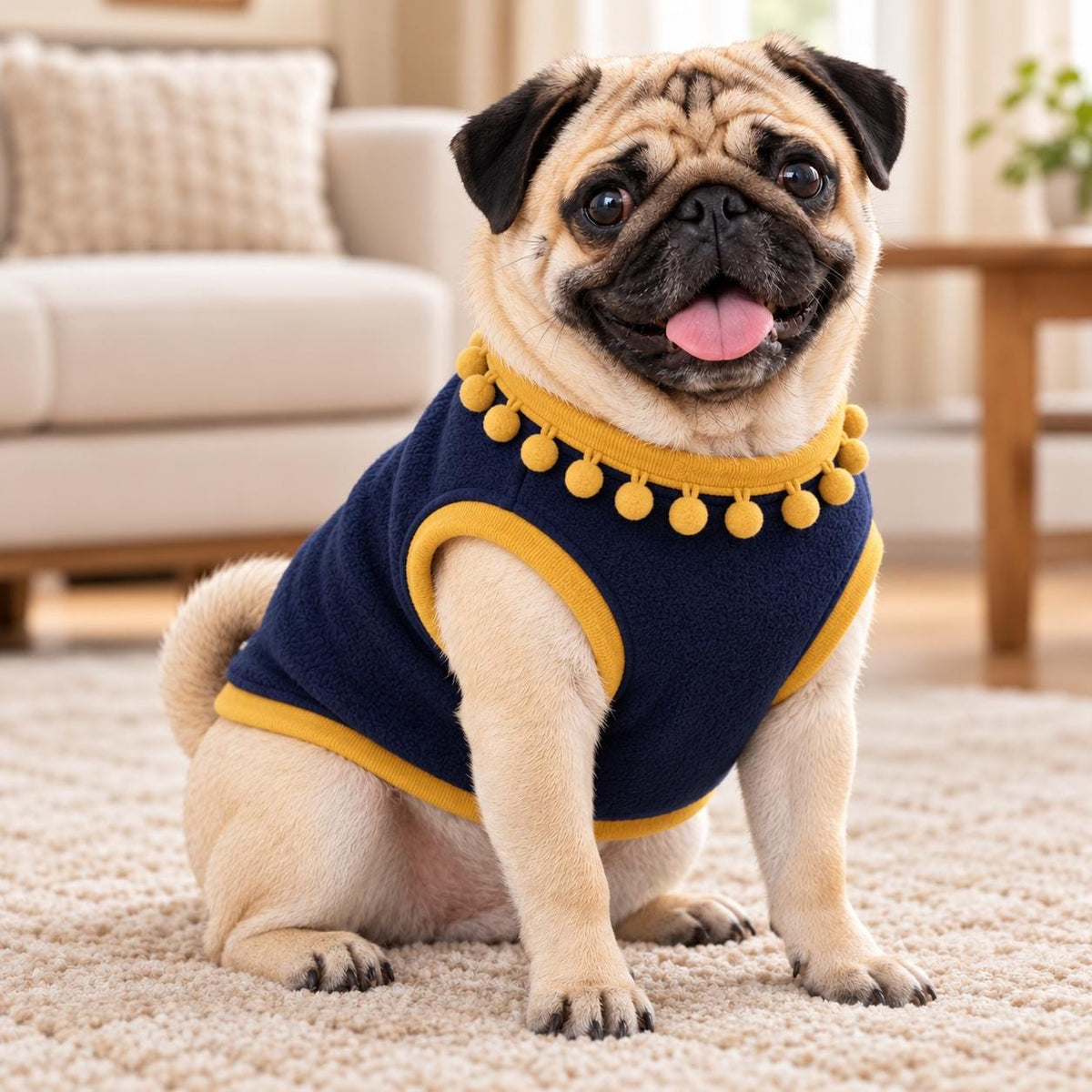 Dog Fleece Vest with Pom Pom Trim | Cosy Winter Dog Sweater for Pugs, Frenchie's Warm Dog Jumper