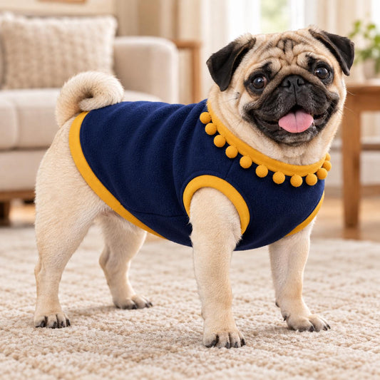 Dog Fleece Vest with Pom Pom Trim | Cosy Winter Dog Sweater for Pugs, Frenchie's Warm Dog Jumper