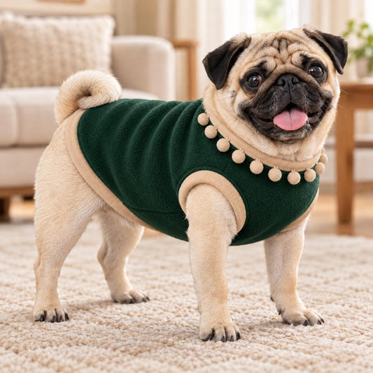 Dog Fleece Vest with Pom Pom Trim | Cosy Winter Dog Sweater for Pugs, Frenchie's Warm Dog Jumper