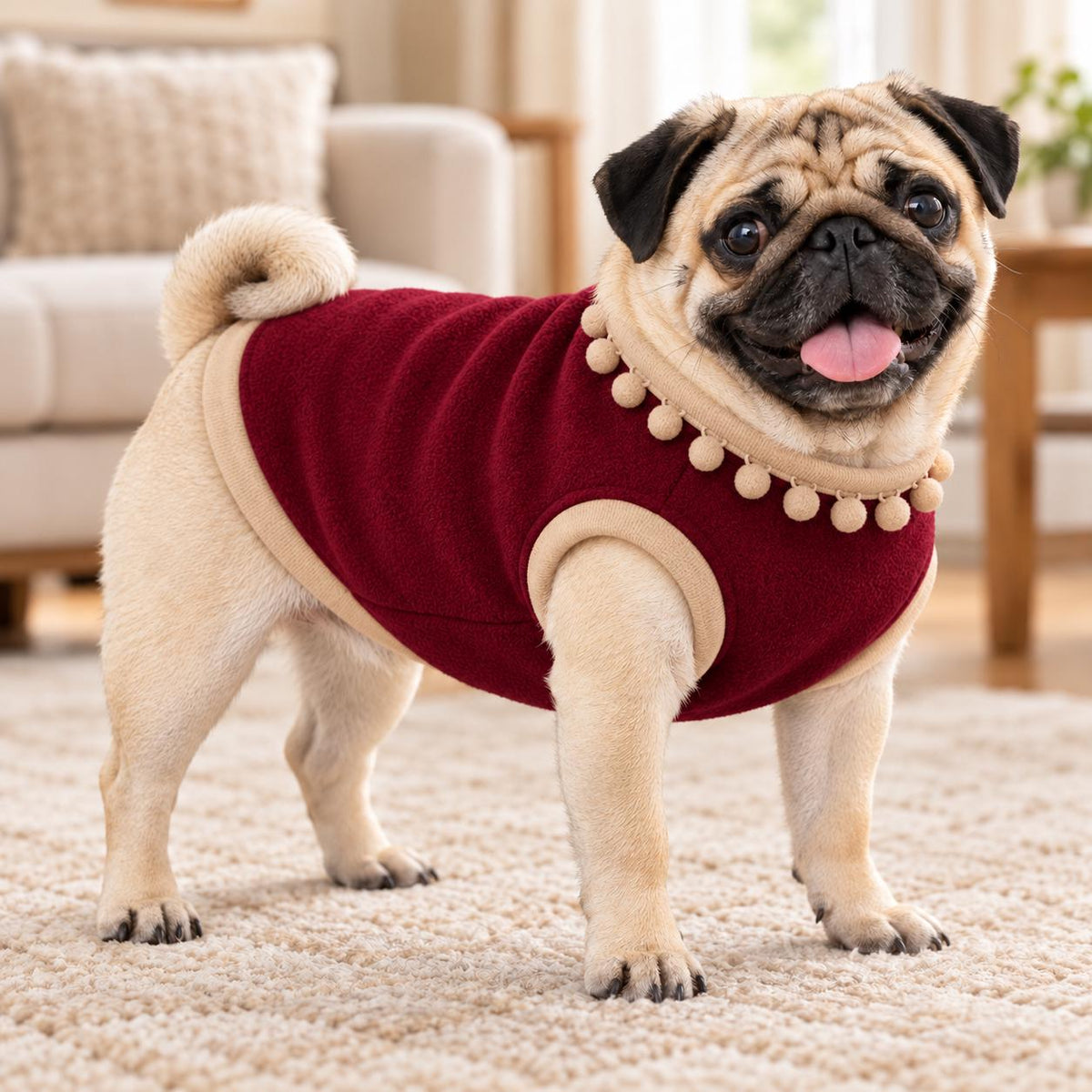 Dog Fleece Vest with Pom Pom Trim | Cosy Winter Dog Sweater for Pugs, Frenchie's Warm Dog Jumper