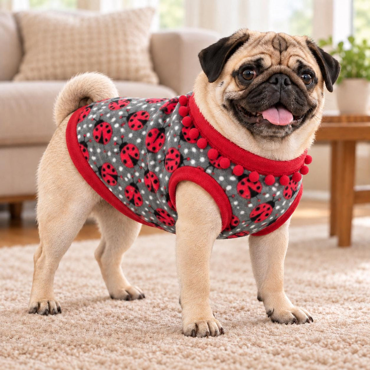 Dog Fleece Vest with Pom Pom Trim | Cosy Winter Dog Sweater for Pugs, Frenchie's Warm Dog Jumper