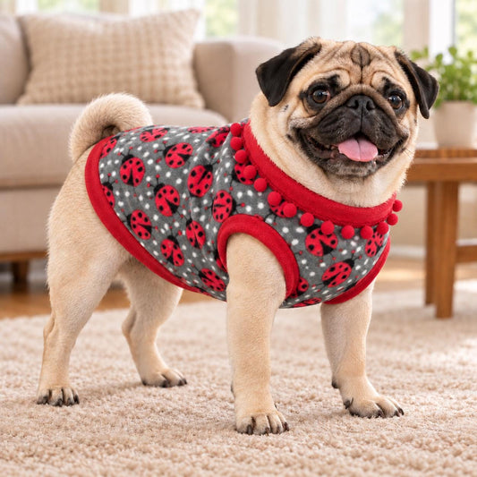 Dog Fleece Vest with Pom Pom Trim | Cosy Winter Dog Sweater for Pugs, Frenchie's Warm Dog Jumper