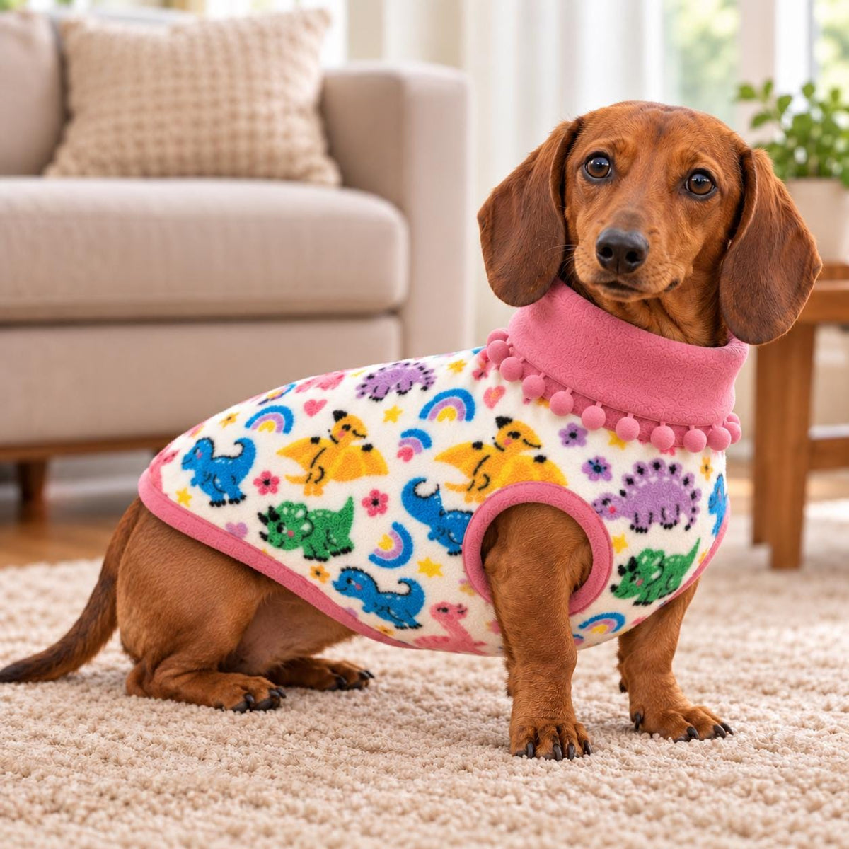 Handmade Two Tone Fleece Jumper with Pom Pom Trim For Sausage Dog, Warm Dachshund Coat, Small to Large Dog Clothing