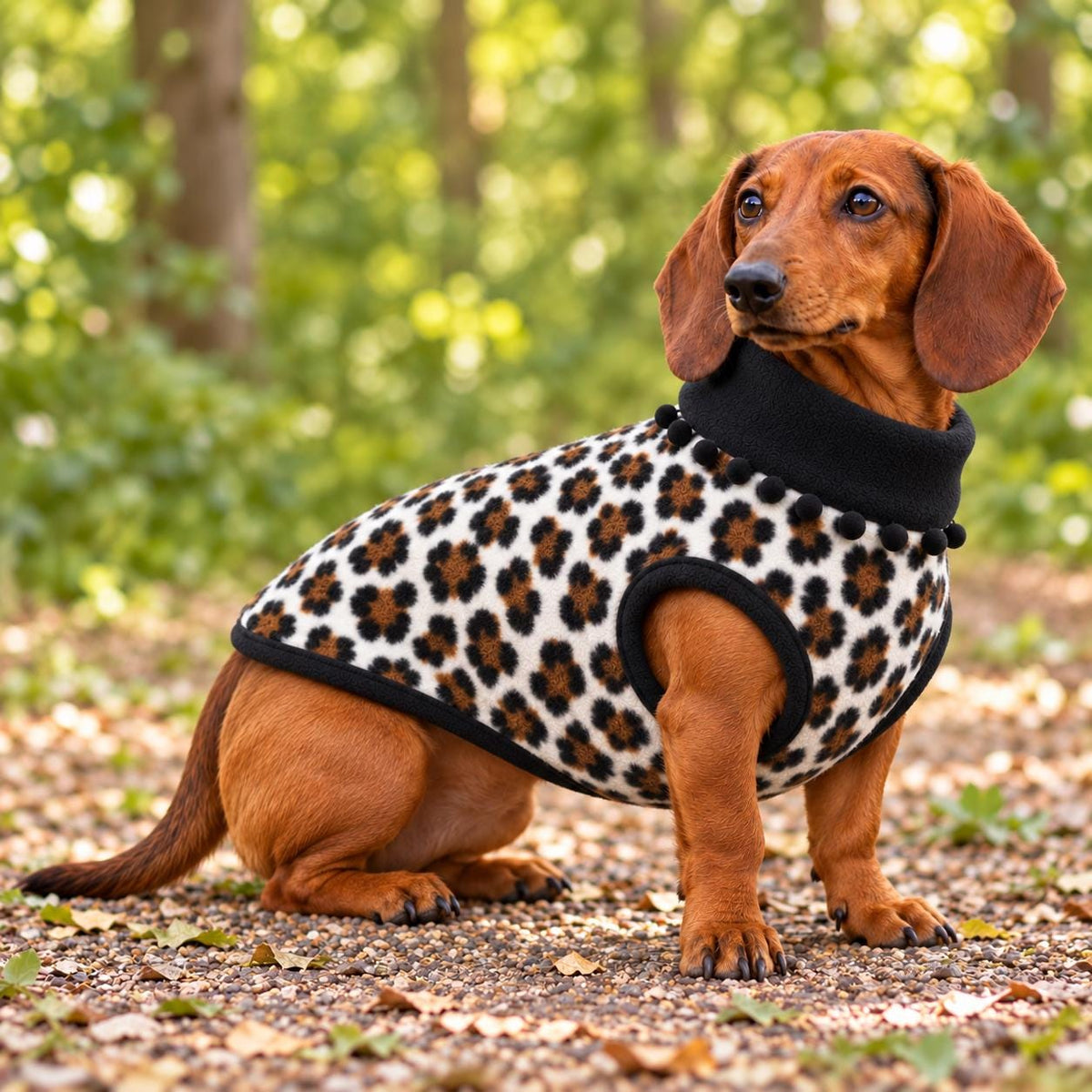 Handmade Two Tone Fleece Jumper with Pom Pom Trim For Sausage Dog, Warm Dachshund Coat, Small to Large Dog Clothing