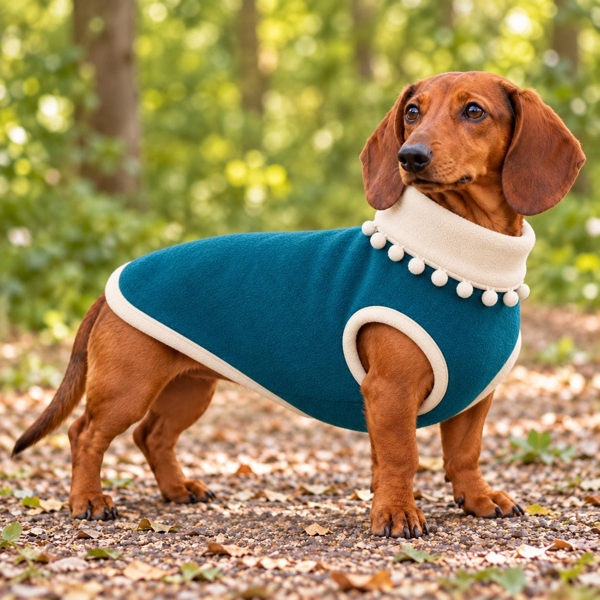 Handmade Two Tone Fleece Jumper with Pom Pom Trim For Sausage Dog, Warm Dachshund Coat, Small to Large Dog Clothing