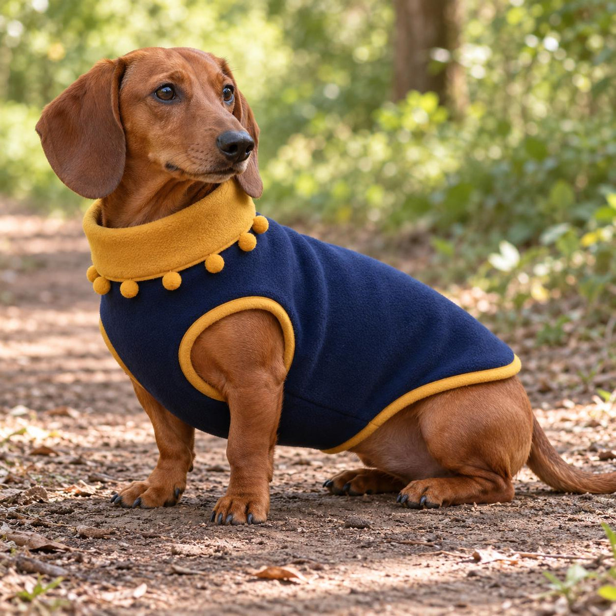 Handmade Two Tone Fleece Jumper with Pom Pom Trim For Sausage Dog, Warm Dachshund Coat, Small to Large Dog Clothing