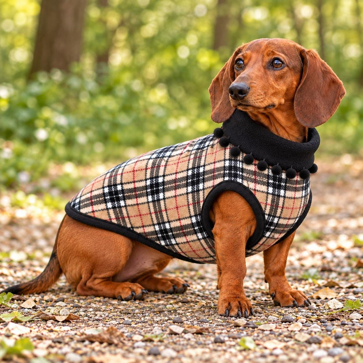 Handmade Two Tone Fleece Jumper with Pom Pom Trim For Sausage Dog, Warm Dachshund Coat, Small to Large Dog Clothing