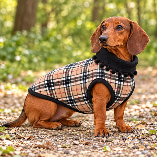 Handmade Two Tone Fleece Jumper with Pom Pom Trim For Sausage Dog, Warm Dachshund Coat, Small to Large Dog Clothing