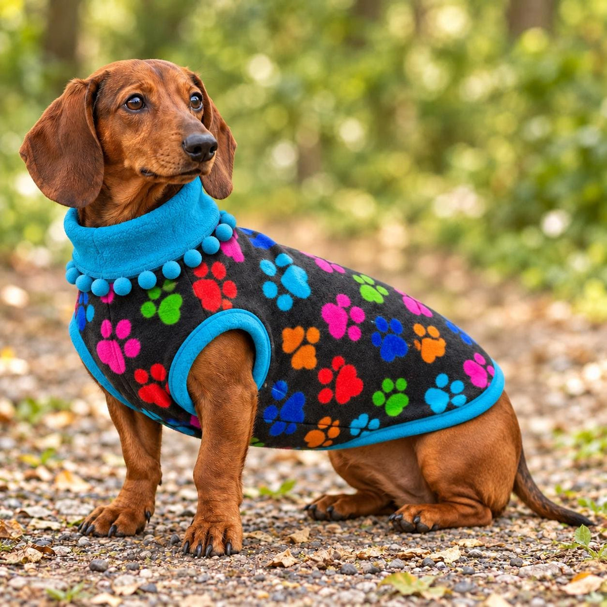 Handmade Two Tone Fleece Jumper with Pom Pom Trim For Sausage Dog, Warm Dachshund Coat, Small to Large Dog Clothing