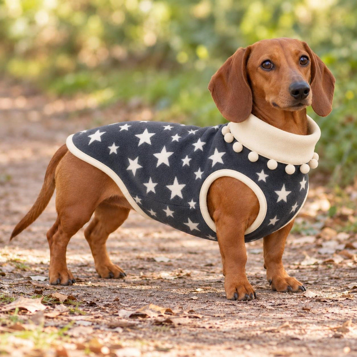 Handmade Two Tone Fleece Jumper with Pom Pom Trim For Sausage Dog, Warm Dachshund Coat, Small to Large Dog Clothing