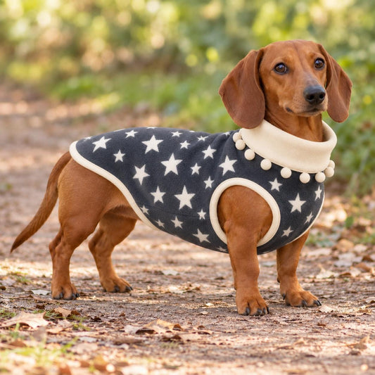 Handmade Two Tone Fleece Jumper with Pom Pom Trim For Sausage Dog, Warm Dachshund Coat, Small to Large Dog Clothing