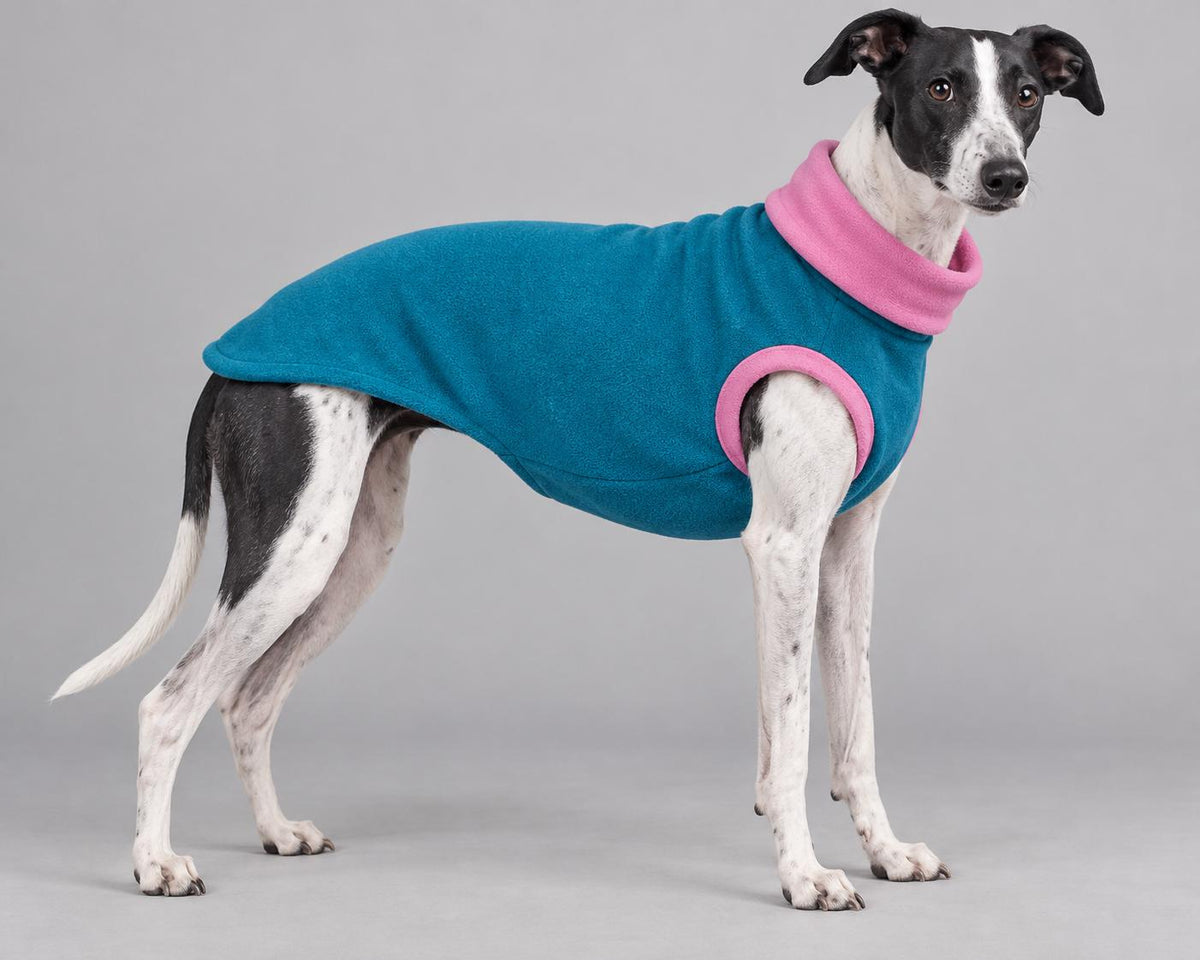 Whippet Fleece Jumper, Sleeveless Dog Coat with Turtle Neck, Two Tone Anti Pill Fleece, Handmade Dog Clothing