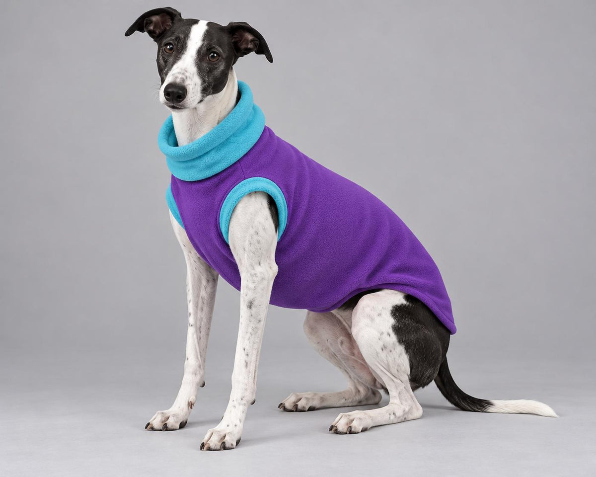 Whippet Fleece Jumper, Sleeveless Dog Coat with Turtle Neck, Two Tone Anti Pill Fleece, Handmade Dog Clothing
