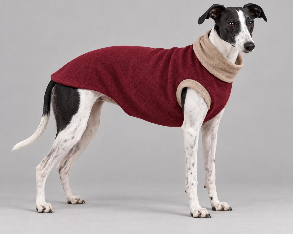 Whippet Fleece Jumper, Sleeveless Dog Coat with Turtle Neck, Two Tone Anti Pill Fleece, Handmade Dog Clothing