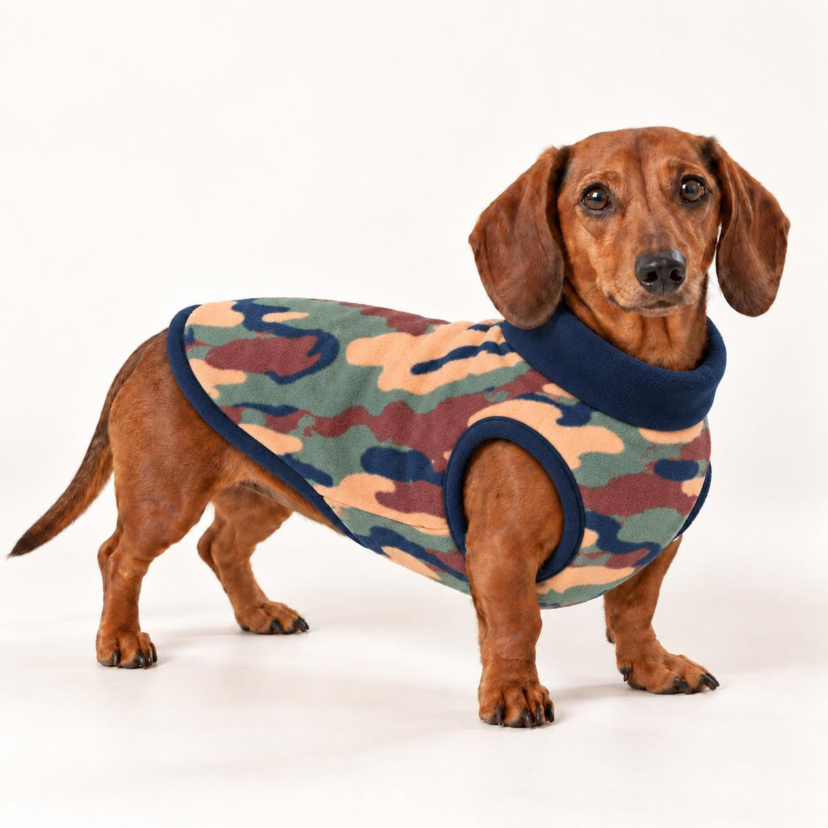 Sausage Dog Fleece Sweater | Dachshund Camouflage Print Jumper | Warm Dog Coat | Soft Winter Pet Clothing | Small Dog Pullover