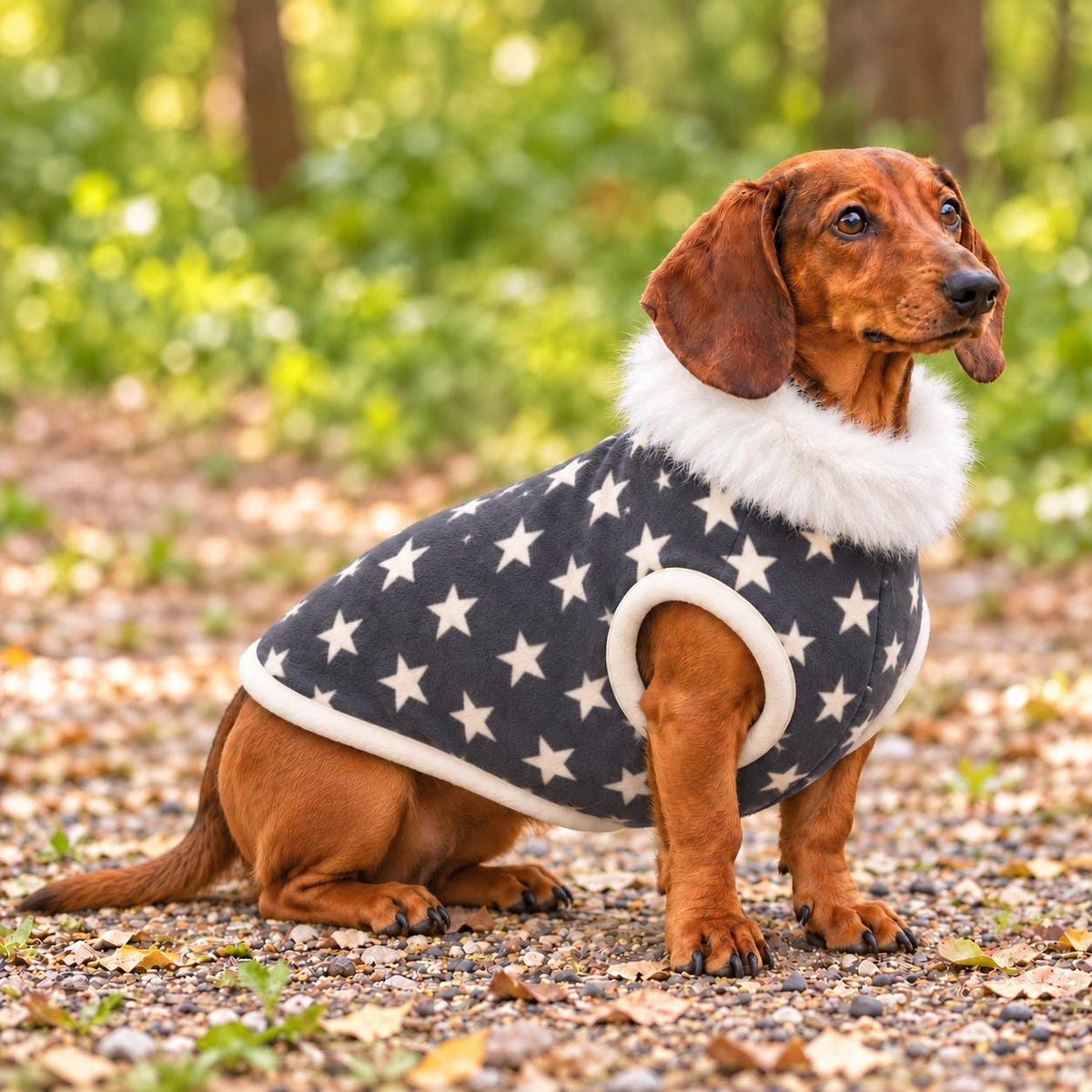 Handmade Two Tone Star Fleece Jumper And Fluffy White Collar. For Sausage Dog, Warm Dachshund Coat, Small to Large Dog Clothing