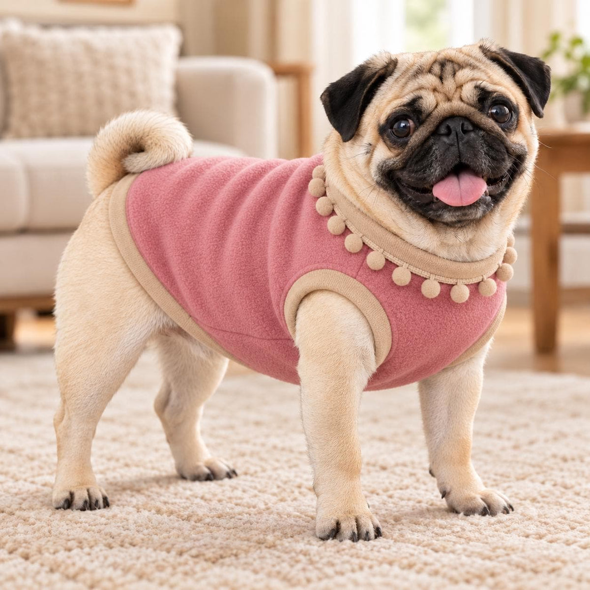 Dog Fleece Vest with Pom Pom Trim | Cosy Winter Dog Sweater for Pugs, Frenchie's Warm Dog Jumper