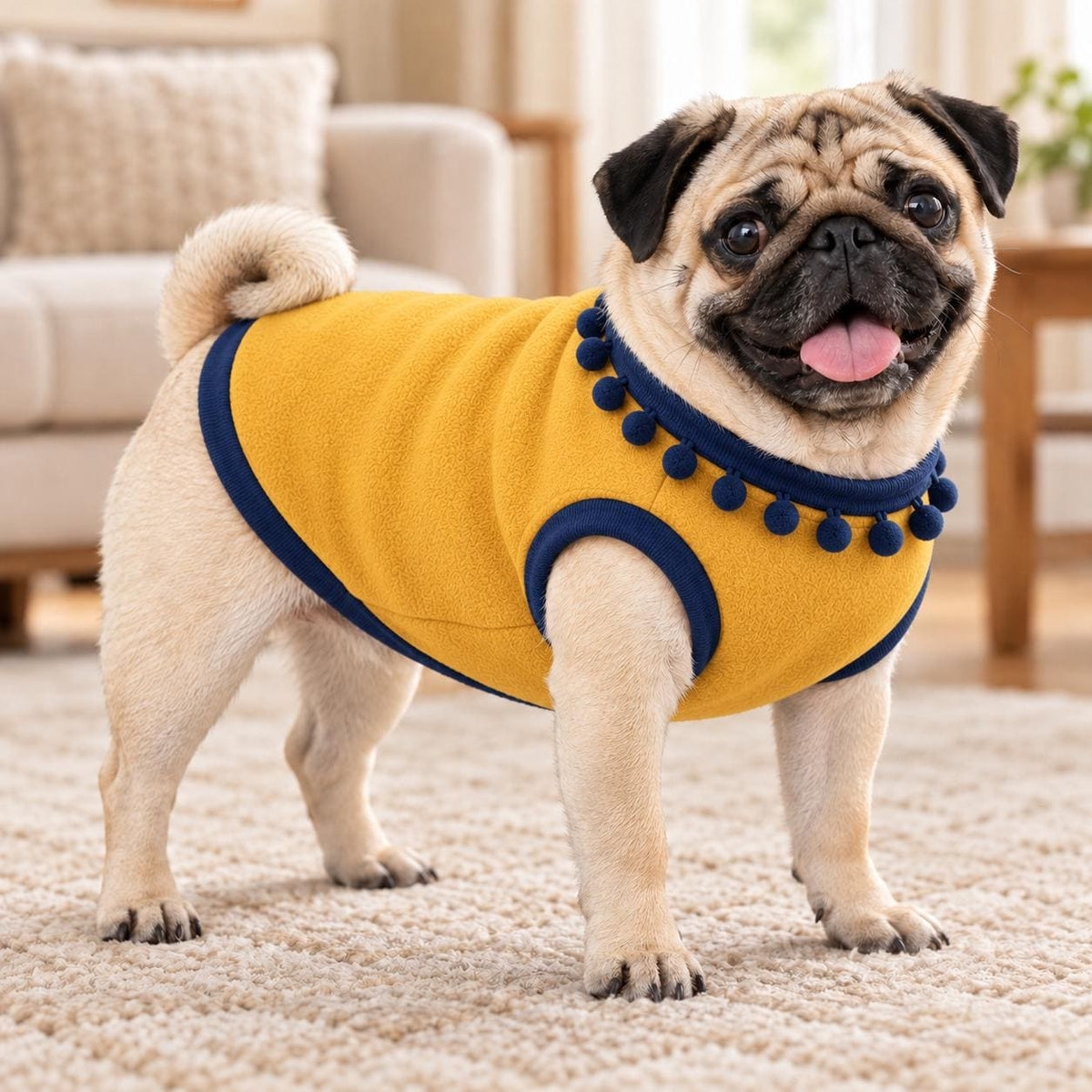 Dog Fleece Vest with Pom Pom Trim | Cosy Winter Dog Sweater for Pugs, Frenchie's Warm Dog Jumper